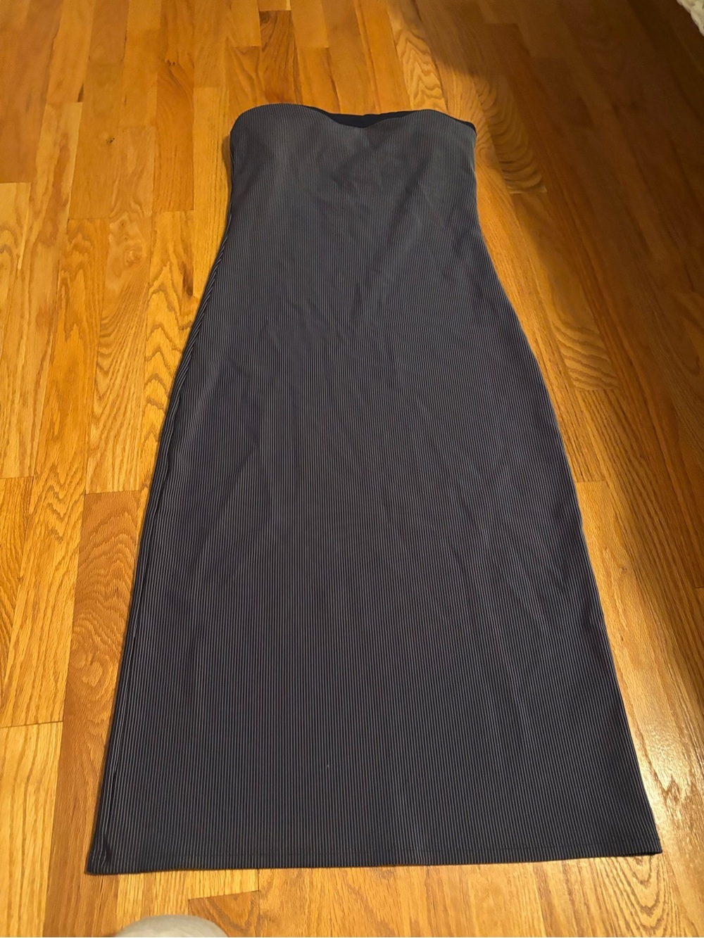 Strapless Navy Ribbed Midi Dress